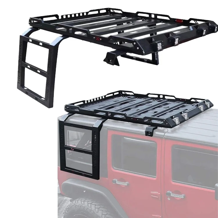 

le-star 4X4 Car Roof Rack with LED Light Ladder Luggage Mount Kit Cargo Basket for Wrangler JK JKU JL Gladiator