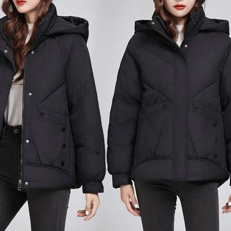 Women'S Winter Solid Jacket Down Cotton Padded Coat Hooded Female Loose Casual Overcoat Casual Puffer Korean Hooded Short Parkas