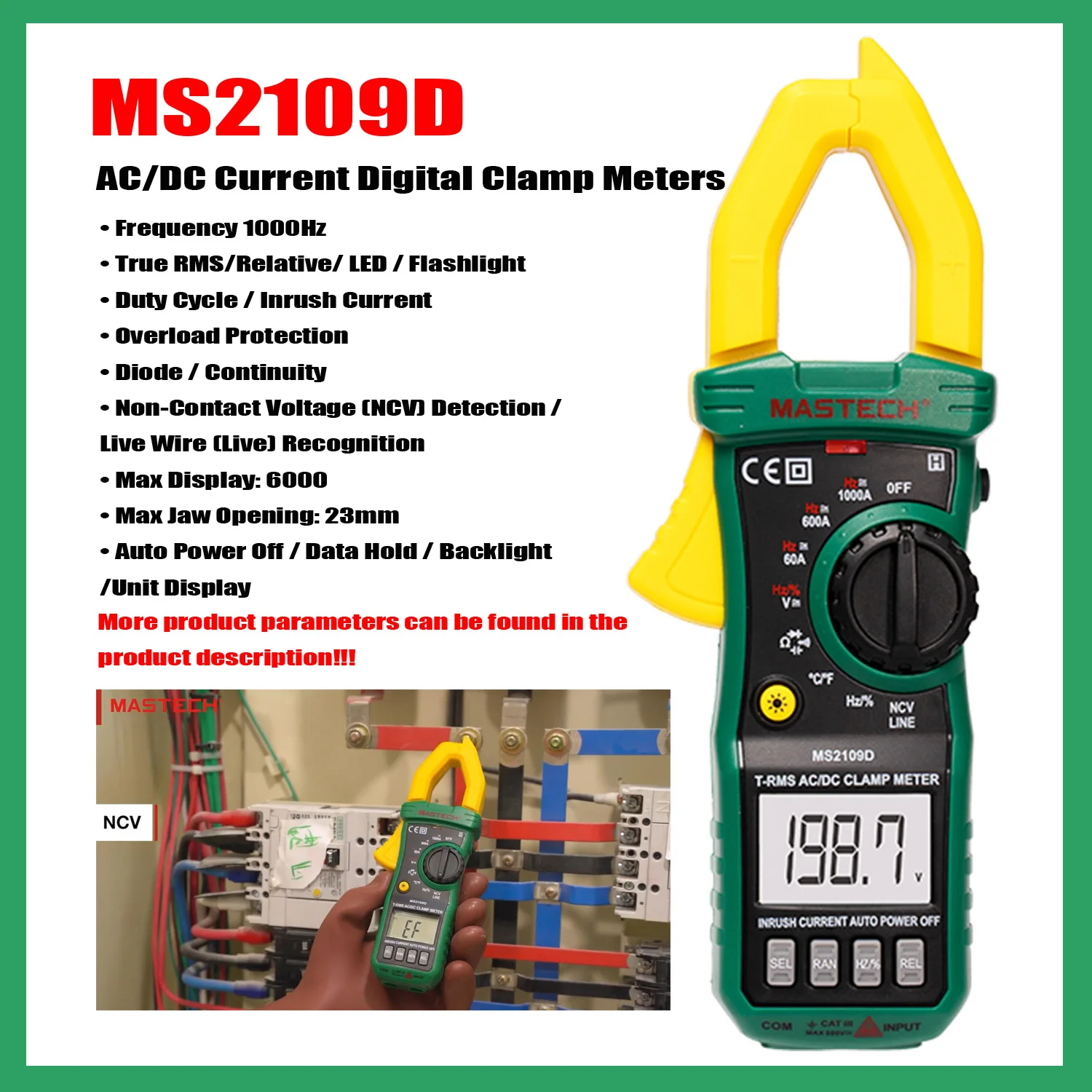 Imagem -03 - Mastech-digital Clamp Meter Multímetro dc e ac Corrente Amperímetro Tester Tensão hz Capacitância Ncv Teste de Ohm Ms2109b Ms2109c Ms2109d