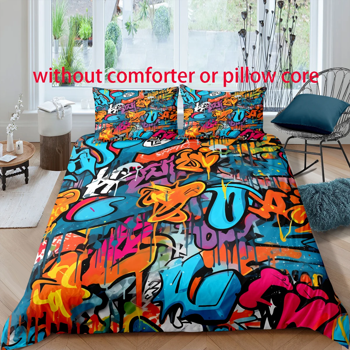 Graffiti Style Digital Printed Duvet Kit - Polyester - Bedroom Decor -1 Bed Cover +2 Pillowcase (no pillow core)