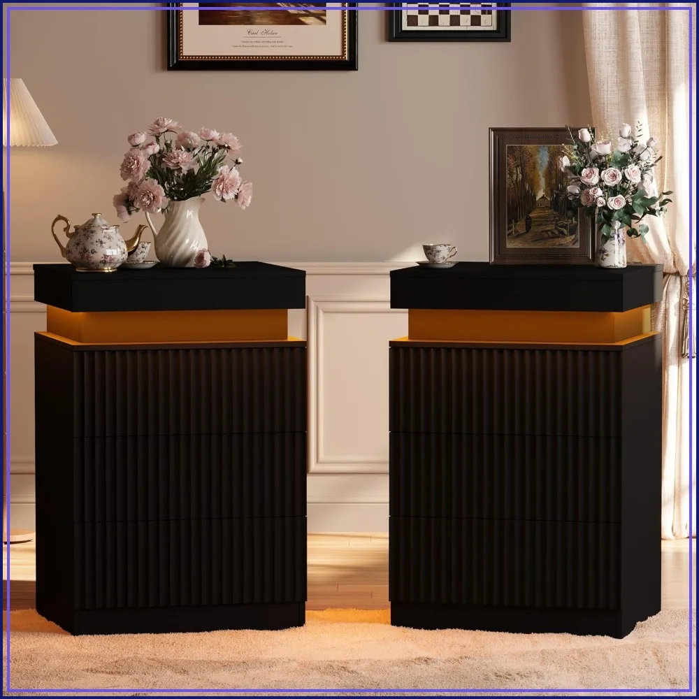 Nightstand Set of 2 with LED, Charging Station, 3 Drawers, Fluted Bedside Tables, Black