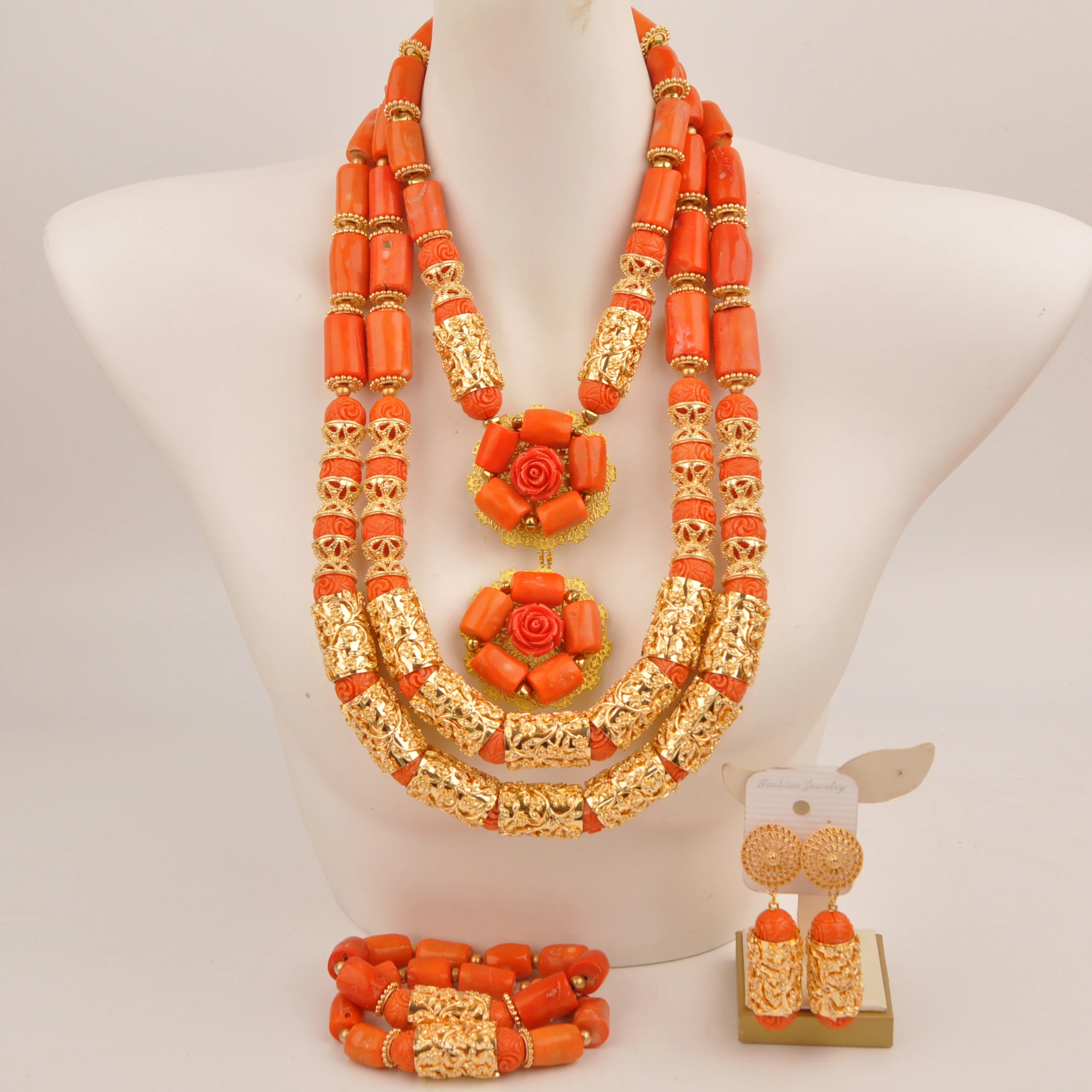 

Natural orange Coral beads Fashion African necklace set Nigerian wedding jewelry