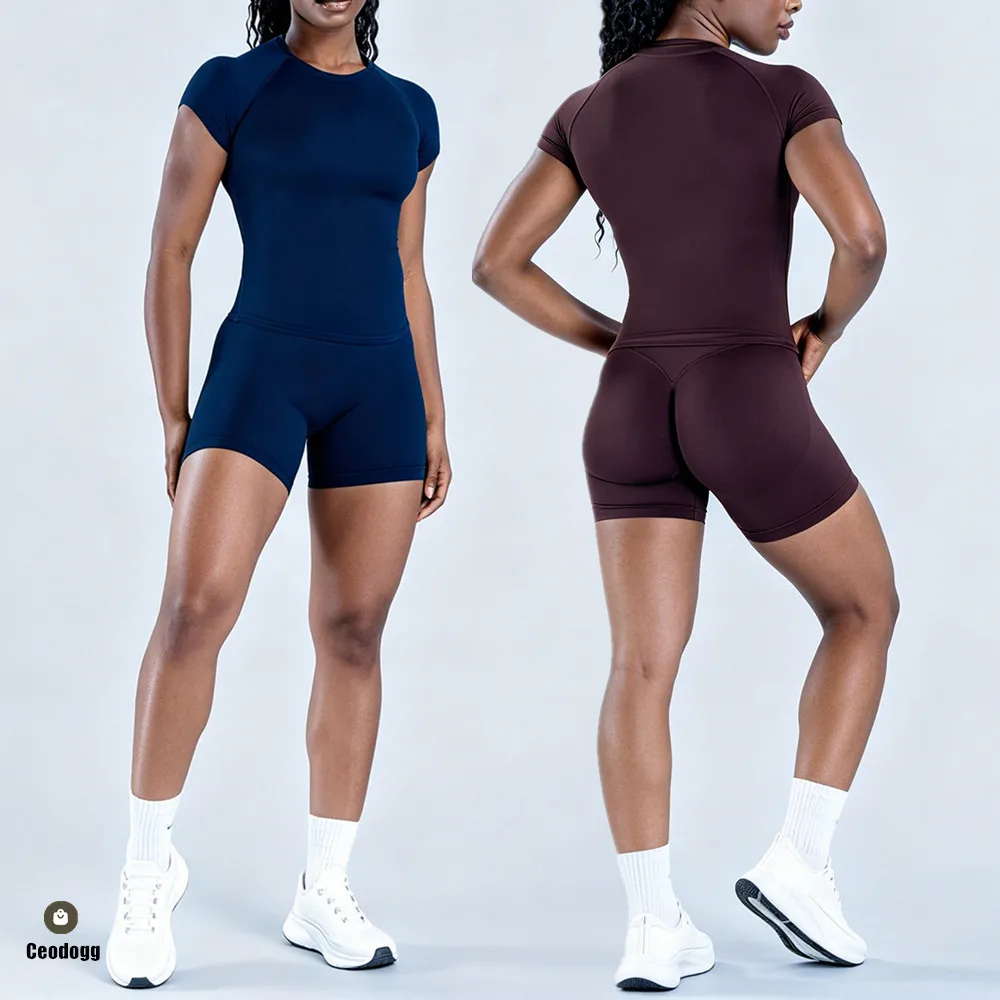 Nologo Difmpact Short Sleeve Sports Shirt Yoga Set Women Fitness Crop Tops Gym Workout Blouse Running Tee Scrunch Shorts XP389