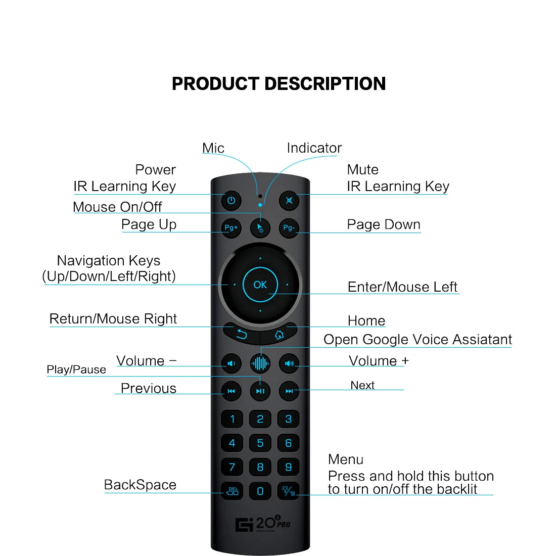 Remote Control Suara dengan Lampu Latar G20S 2.4G Mikrofon Mouse Udara Nirkabel Bluetooth Giroskop IR Belajar untuk Android Tv Box PC