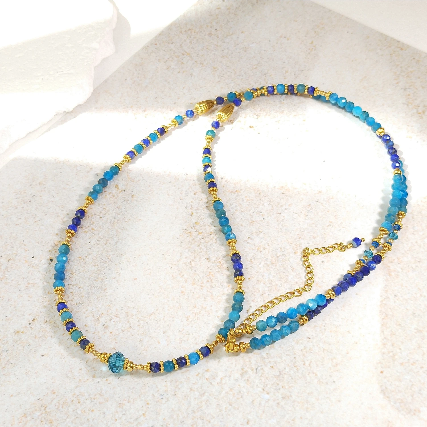 Lii Ji 4mm Lapis Lazuli Apatite Stainless Steel  Waist Chain 79+9cm Natural Stone Jewelry