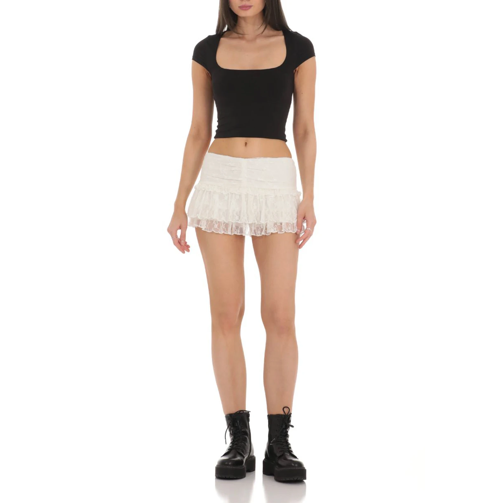 

Mini Lace Skirts for Women Elastic Mini Ruffles Skirt Ruffle Tulle Flowy Club Streetwear Aesthetic Layered Short Skirts Clothes