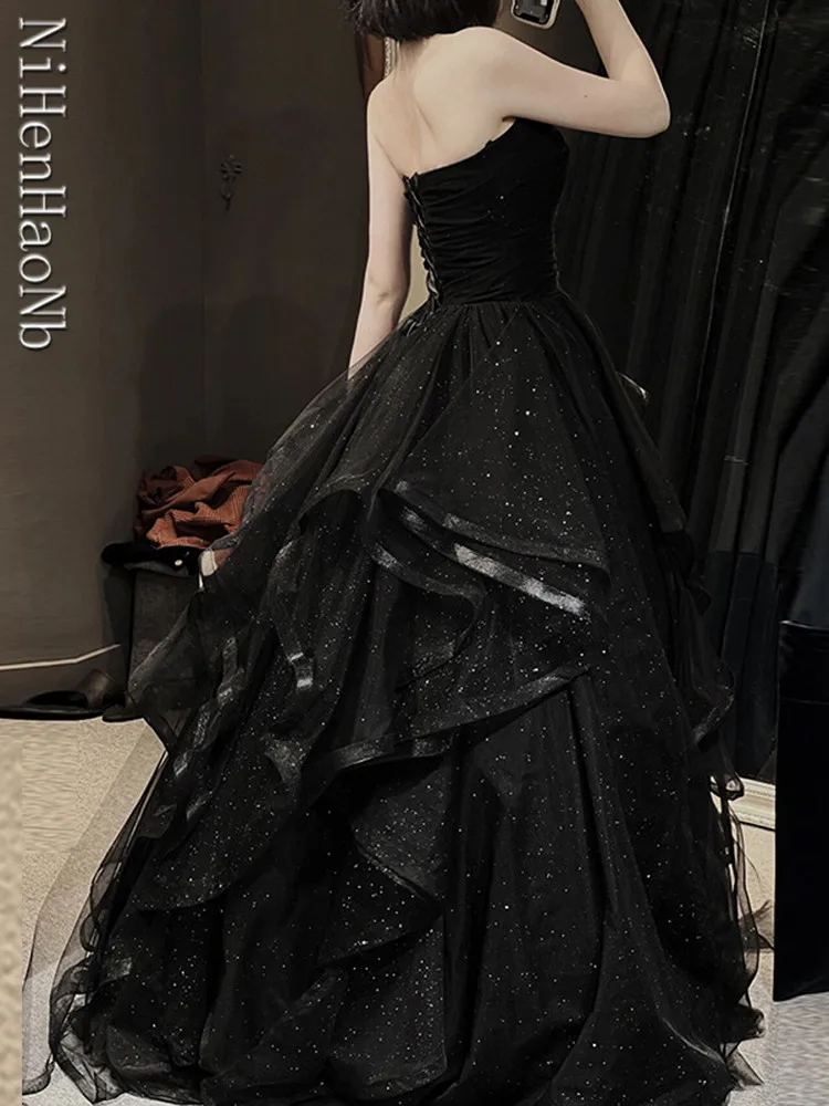 Temperament Black Elegant Wedding Party Dresses Strapless Prom Robe 2023 New Ball Gown Formal Dress Women Vestidos