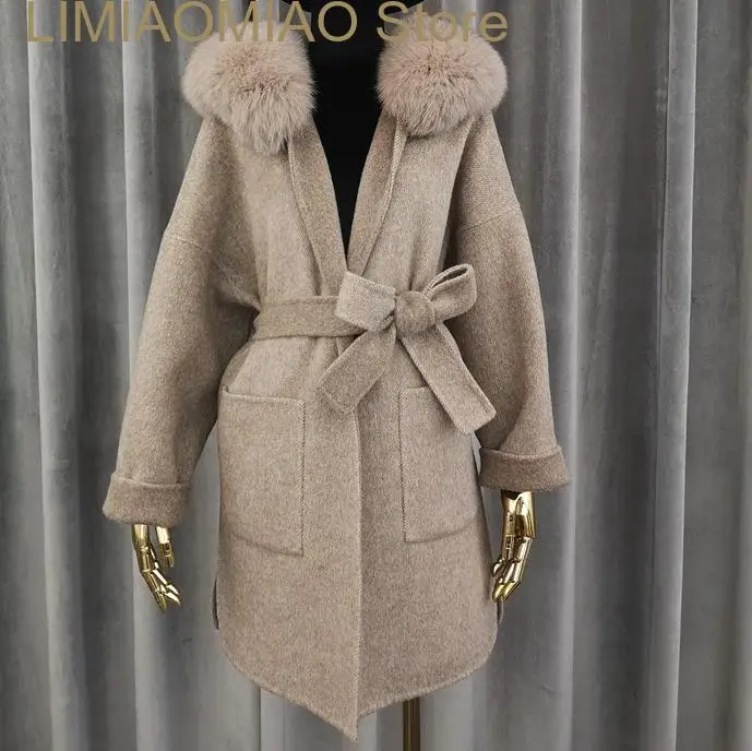 New European luxurious Women real Cashmere fur wool blends coats Real Fox Fur Hooded winter woolen Outerwear Casacos pele