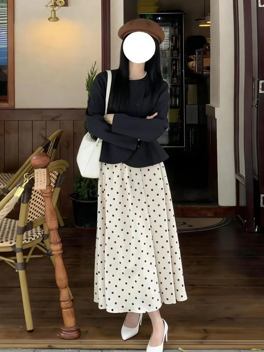 

Spring 2026 Women's Black Outerwear Top And Polka Dot Skirt Set Gentle Style Long Sleeve round Neck High Waist Fashionable