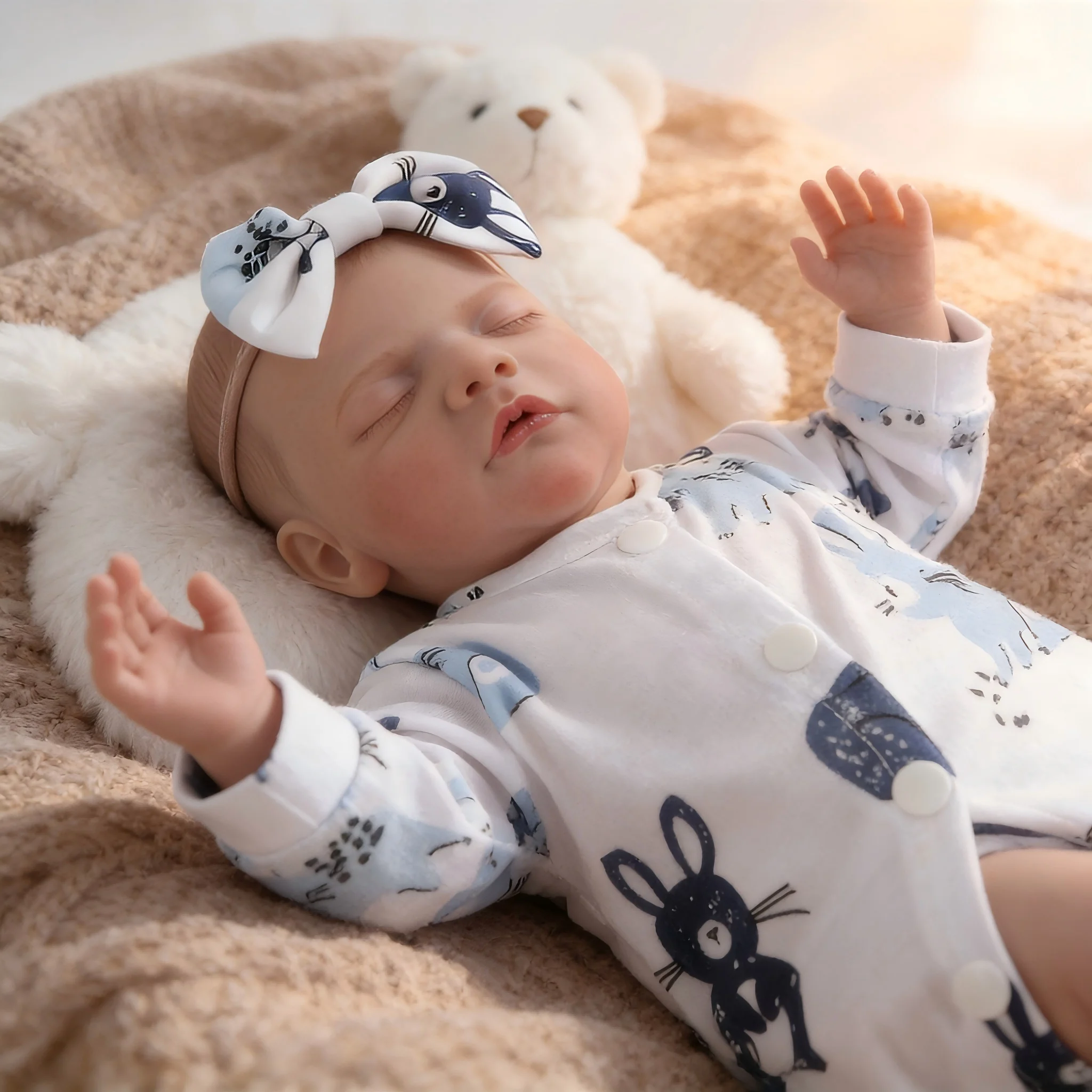 18 Inch Hand-Painted Resurrection Doll with Implanted Lashes Realistic Baby Toy with Rabbit Print Outfit Collectible Display Piece