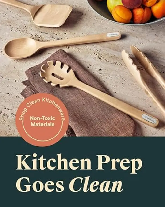5 Piece Wooden Utensil Set Cooking Utensils Spoon Server Scraper Spatula Tongs FSC Certified Birch Wood Microplastics Free