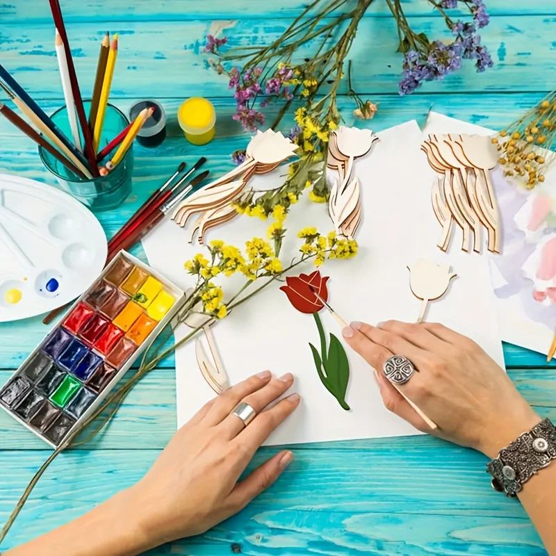 Unfinished Wooden Tulip Cutouts, Blank Wood Flower Shapes DIY Painting Craft Ornaments for Spring Home Wedding Party Decoration