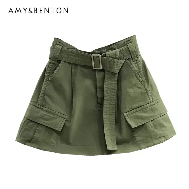 

Korean Army Green Leisure Cargo Above Knee Short Skirt 2023 Summer A-line High Waist Slimming Denim Mini Skirts Women Clothing