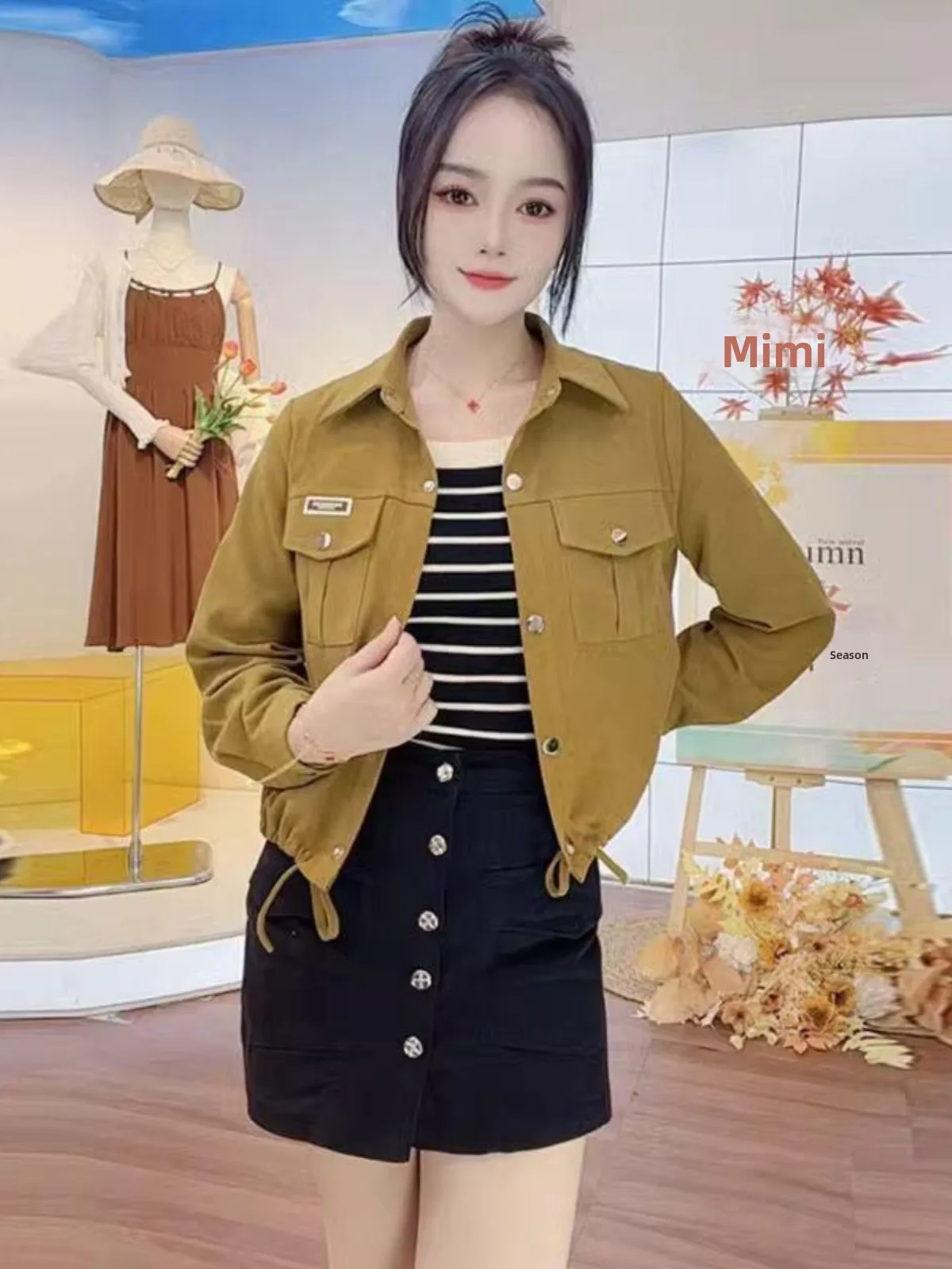 

2024 Early Autumn Pure Color Single Button Short Coat Women's Asymmetrical Hem Drawstring Slimming Top Korean Style Commute Wind
