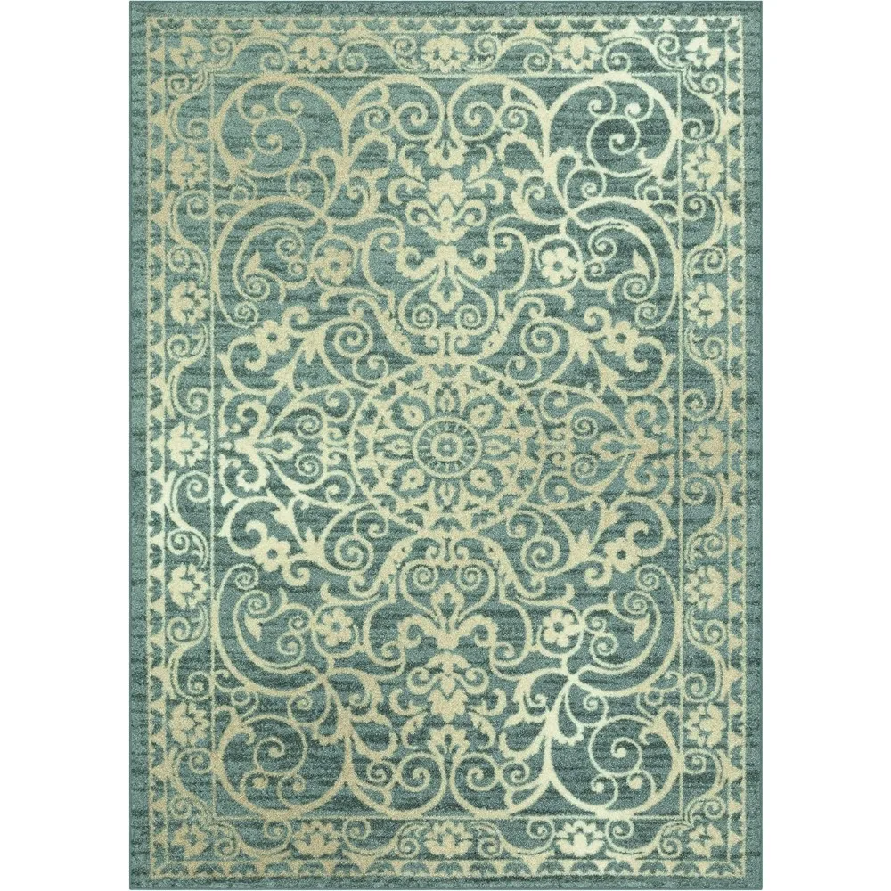 Vintage Medallion Low Pile Area Rug Made in USA Non Slip Pet Friendly for Bedroom Office Living Dining Room 5x7 Light Blue