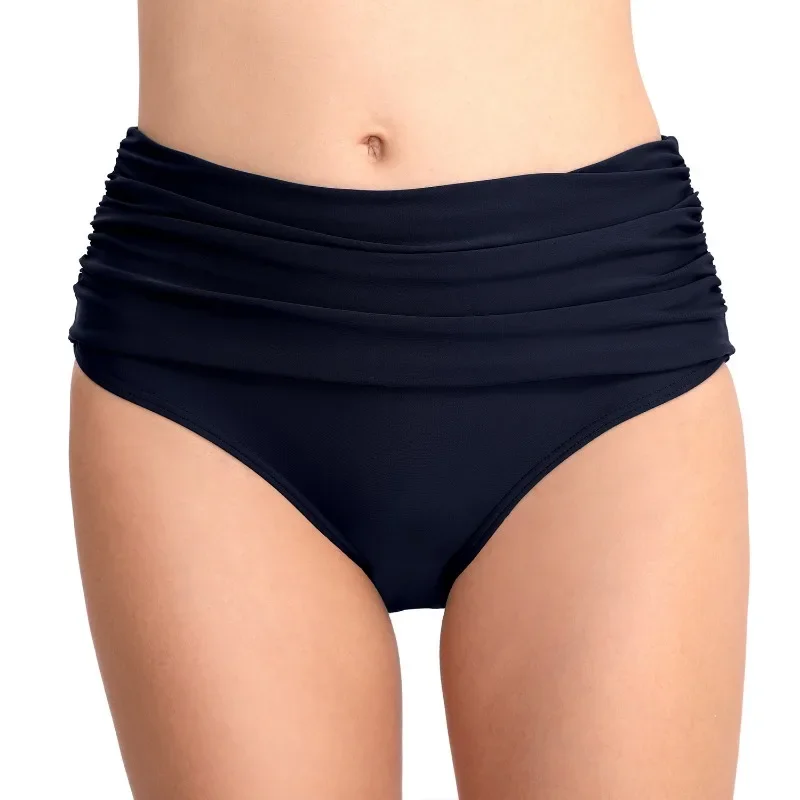 Women Summer Swimming Shorts High Waist Elastic Folds Swimming Briefs Slim Solid Color Bathing Suits New Removable Cups Swimwear