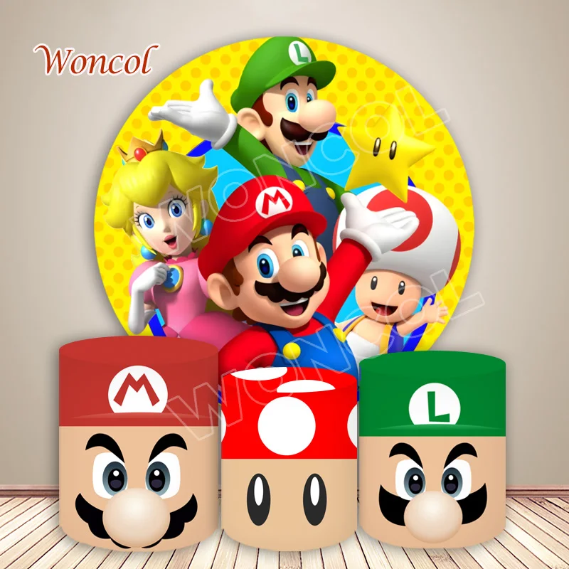 Fondo redondo de Super Mario Bros, fondo de cumpleaños de princesa melocotón, cubierta de cilindro de Mario Toad Luigi, accesorio de decoración de cumpleaños para niño