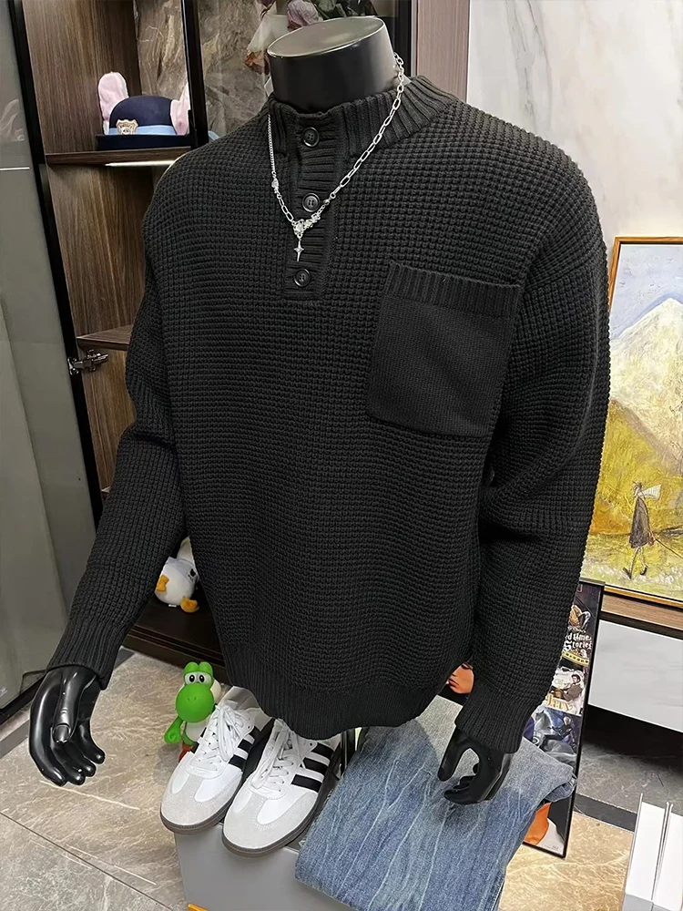 

Мужской вязаный свитер American Sle Bla Henry Collar: осенне-зимний базовый слой, винтажная верхняя одежда, повседневный свободный крой, длинный рукав