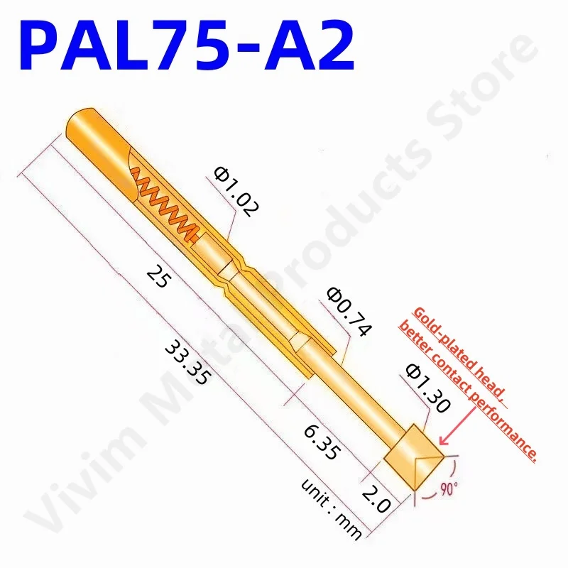 

100PCS PAL75-A2 Spring Test Probe PAL75-A Test Pin Test Tool 33.35mm Dia 1.02mm Gold Needle Tip 1.30mm Pogo Pin PL75-A PL75-A2