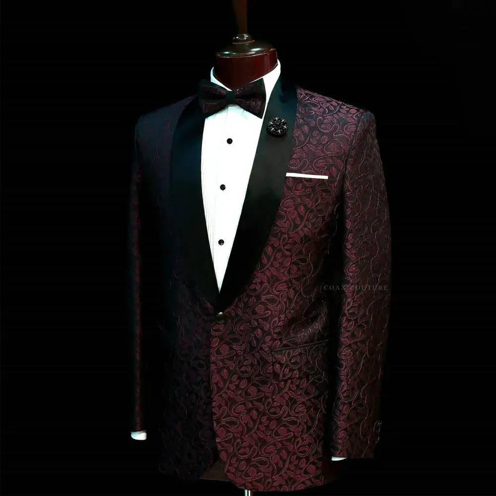 Ternos masculinos de tecido jacquard vermelho escuro, festa formal à noite, duas peças, roupa de noivo (jaqueta + calça)