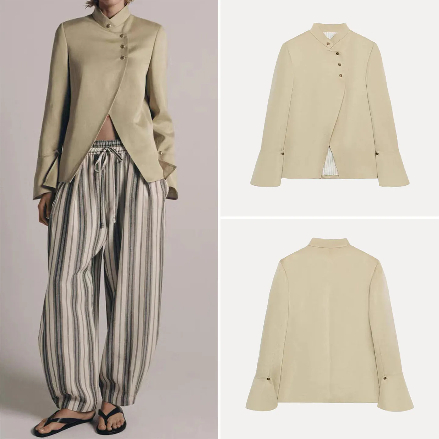 

Модный женский пиджак весна 2026 с воротником-стойкой, многослойным декором, свободного кроя, с длинными рукавами, на одной пуговице