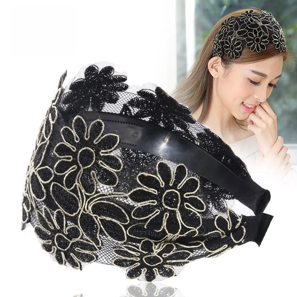 Vintage Embroidery Lace Flower Hair Hoop Wide Side Hairbands Women Mesh Adjustable Non Slip Elegant Headwear