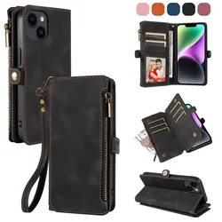 For iPhone 16 15 14 13 12 11 Mini Pro X XS Max 8 7 PLUS XR SE 2020 with Strap Zipper Wallet Cards Stand Leather Flip Phone Bags