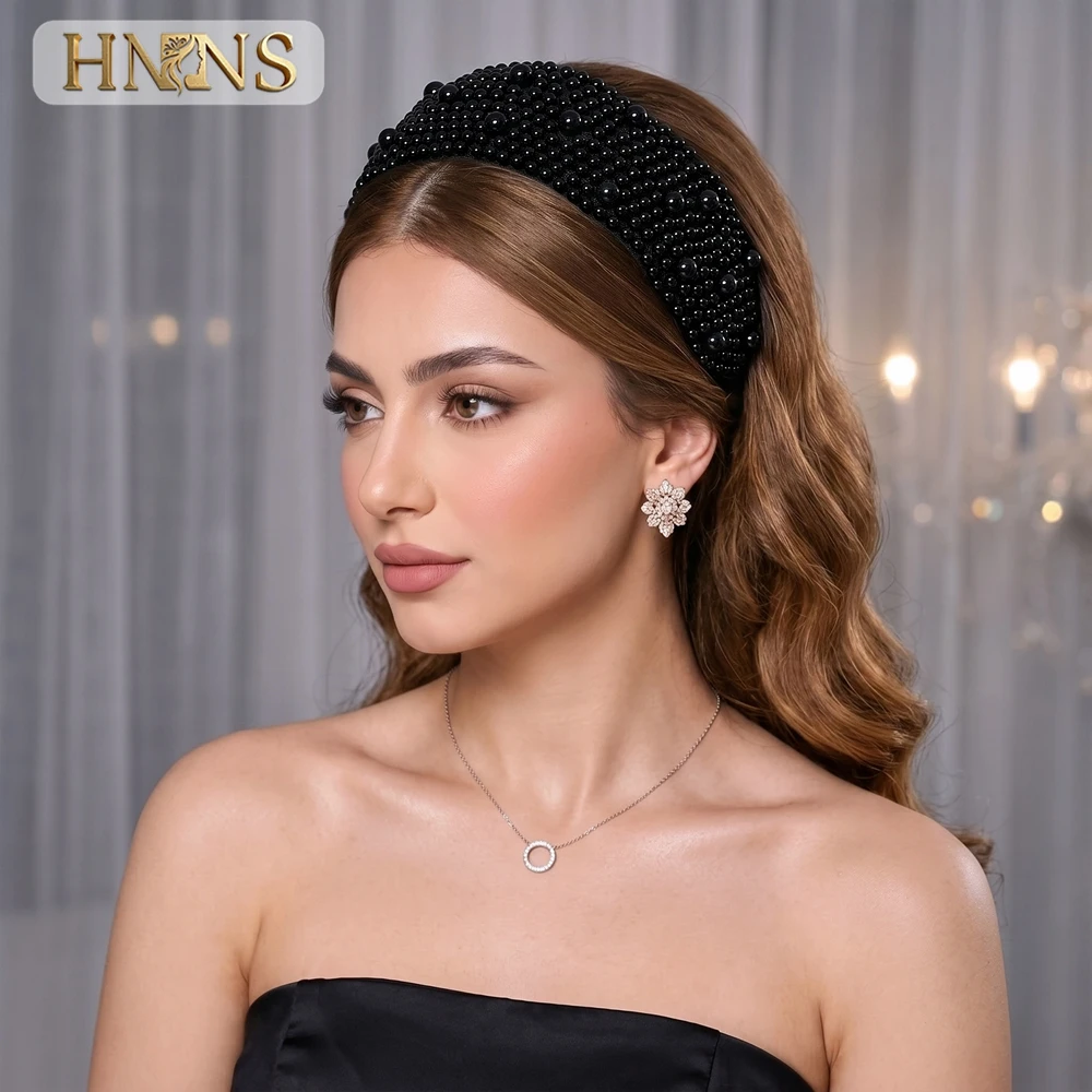 HNYYX Solid Black Full Beaded Bridal Hair Hoop Handmade Delicate Women Headpiece for Wedding Prom Bridal Photo Shooting A451