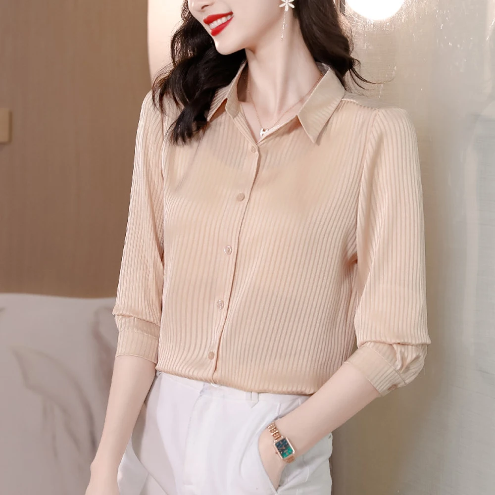 New Style Striped Silk Shirts Women Elegant Long Sleeve Lapel Fashion Women Blouses 2024 Office Lady Formal Tops Casual Clothing