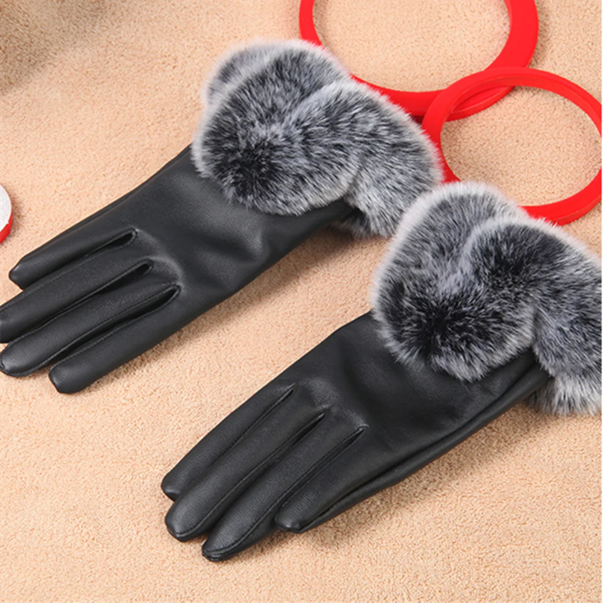 Autumn and Winter Women's Warm Gloves Pu Leather Cold-Proof Fleece-Lined Thickeneded Fur Mouth Outdoor Cycling and Cold Touch Screen Gloves