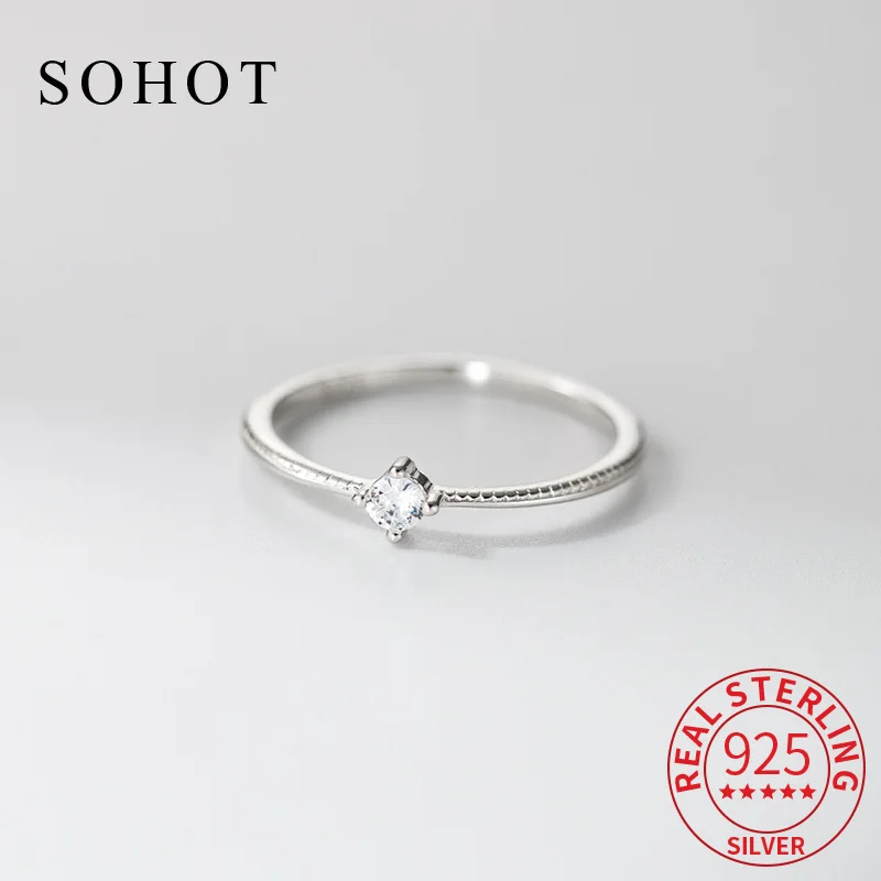 

Real 925 Sterling Silver Geometric Minimalist Single Zircon Ring for Women Classic Exquisite Fine Jewelry Party Accessories