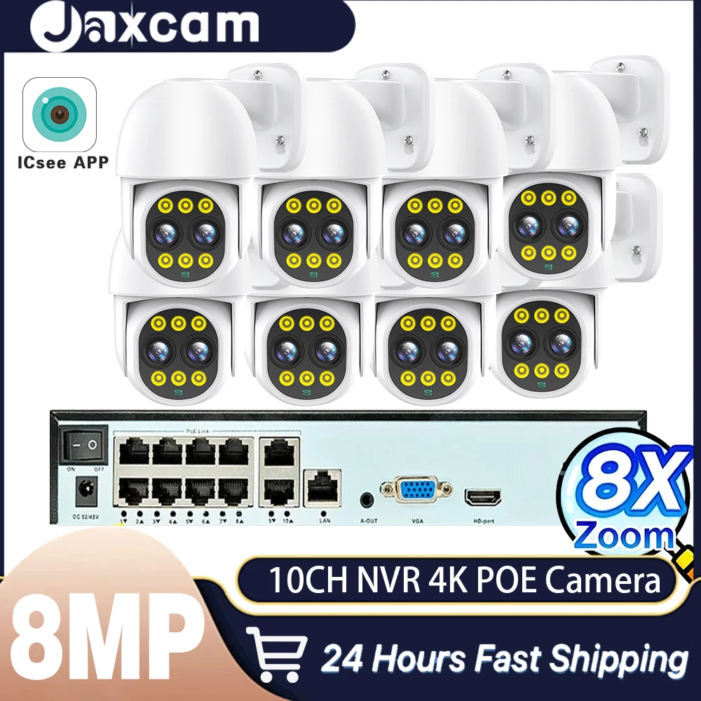 

8X Zoom 10CH POE NVR Set XMEYE Dual Lens POT PTZ Camera Security System Kit 2 Way Audio CCTV IP Camera Video Surveillance Kit
