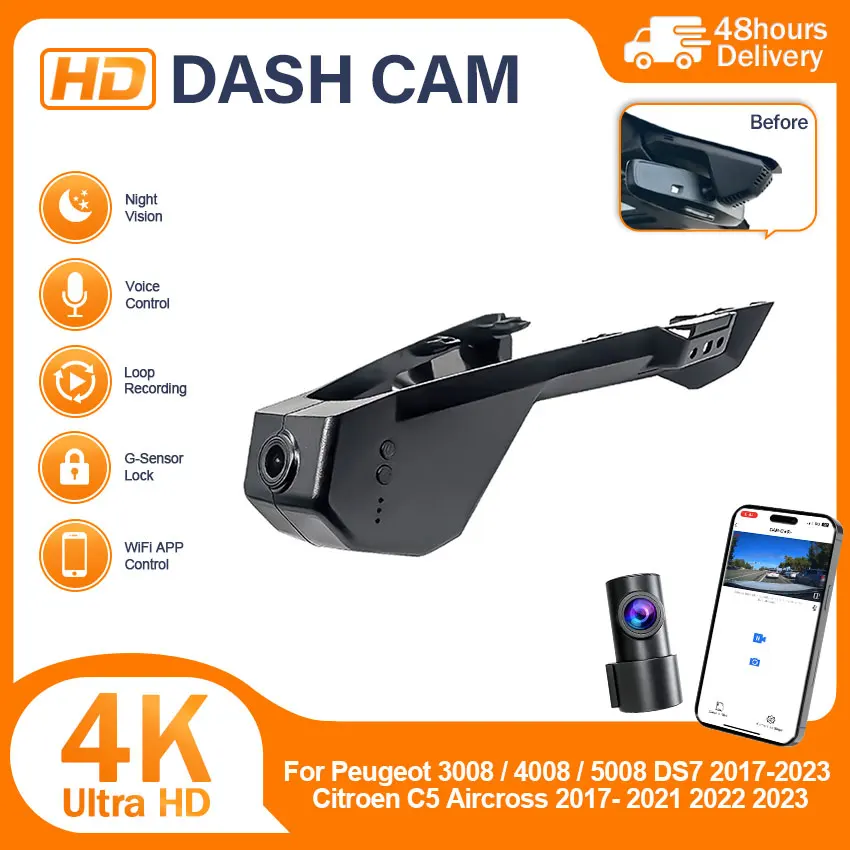 4K WIFi Video Recorder Dashcam For Peugeot 3008/ 4008 / 5008 / DS 7 DS7 2017-2023 / Citroen C5 Aircross 2017-2023 Plug and Play