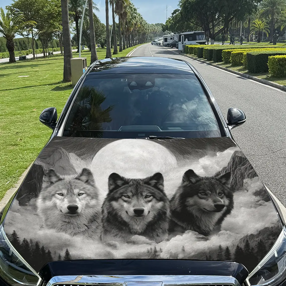 Three Wolves in Moonlit Night Car Vinyl Wrap, PVC Material Waterproof Car Hood Sticker, Self-Adhesive Scratch-Resistant Stickers