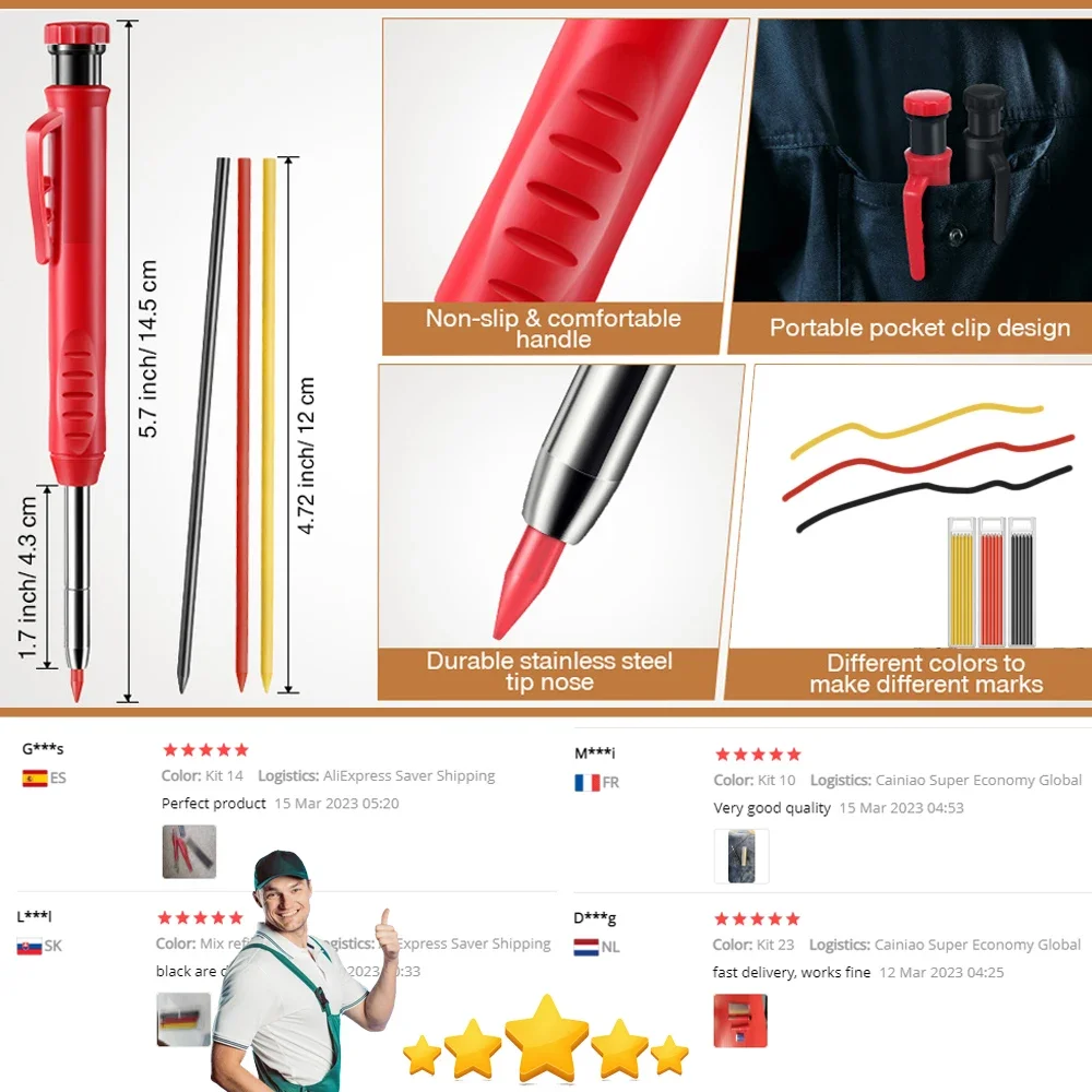 Solid Carpenter Pencil Set Mechanical Pencil 3 Colors Refill Carpentry Marking Scriber Construction Tools Woodworking Tools