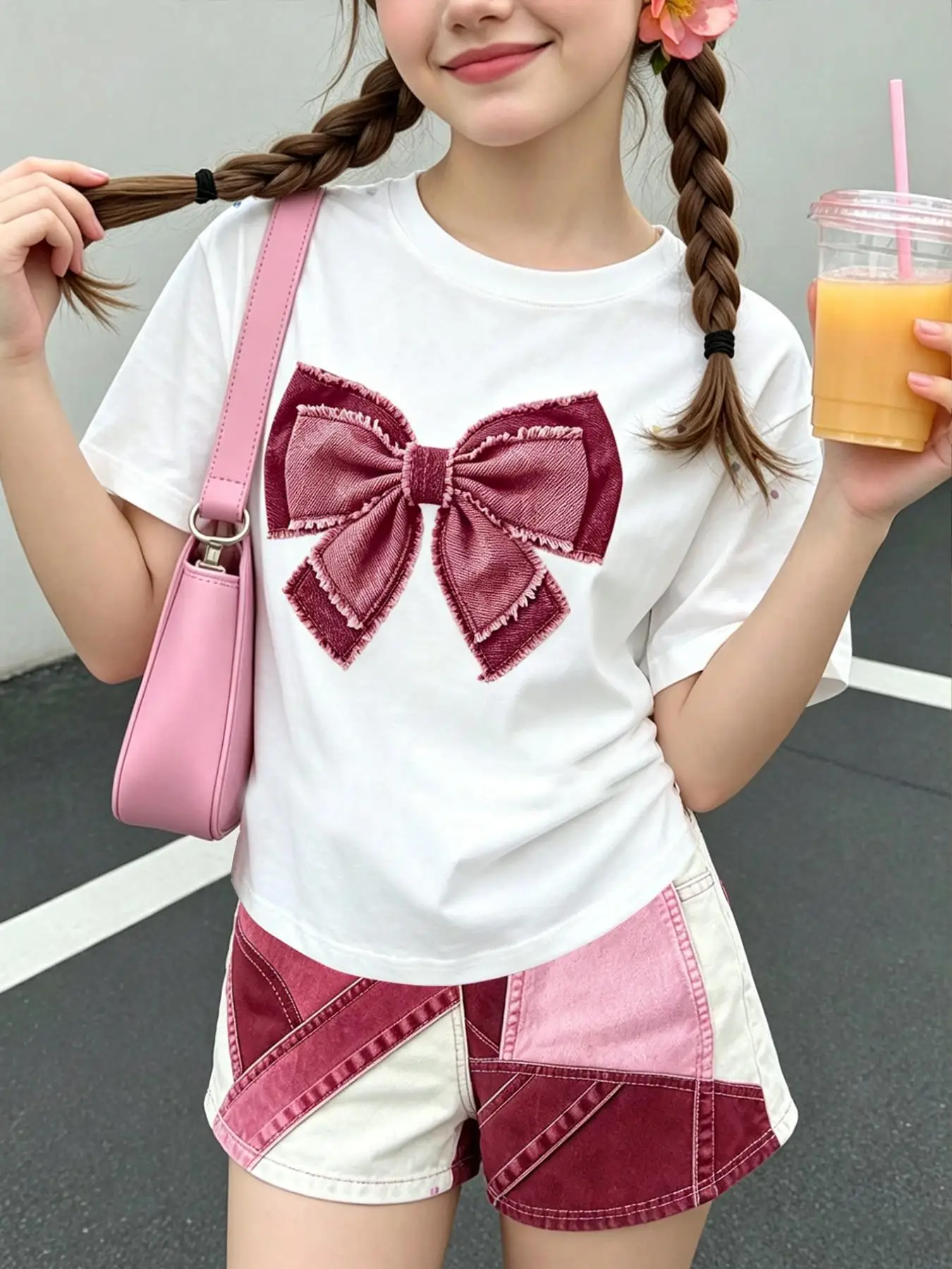 Sommer-Freizeitoutfit für Mädchen, Kinder-Set mit Schleifendruck, lockeres Kurzarm-Oberteil + bedruckte Shorts, zweiteiliges Set, geeignet für Kinder ab 3 Jahren, vielseitige Kleidung – Detail 2