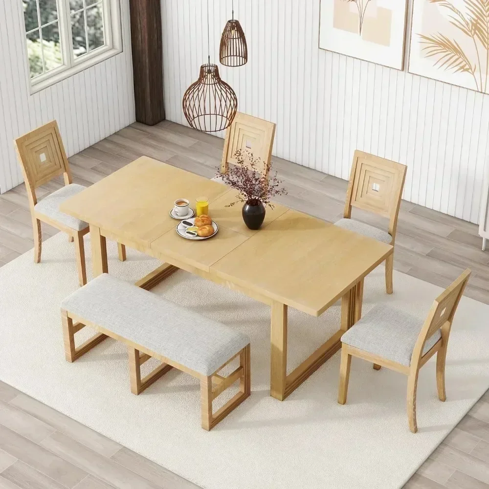 Wood Dining Table Set for 6 with 4 Chair & Bench， Kitchen Table and Chairs，Household dining table set