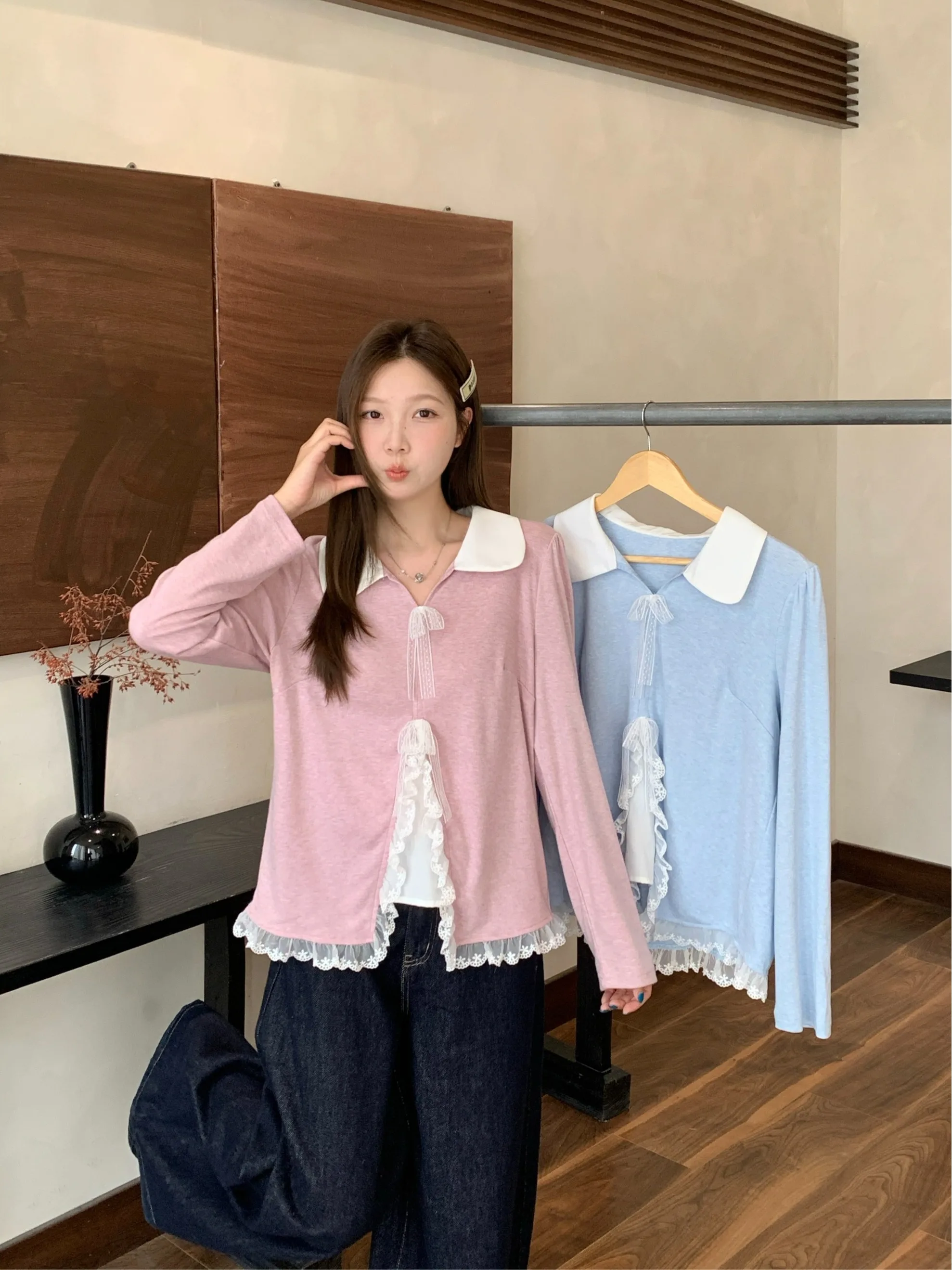 

plus Size Women's T-Shirt Doll Collar Lace Long Sleeve Spring New Splicing Design Sense Fake Two-Piece Top Korean Style Loose...