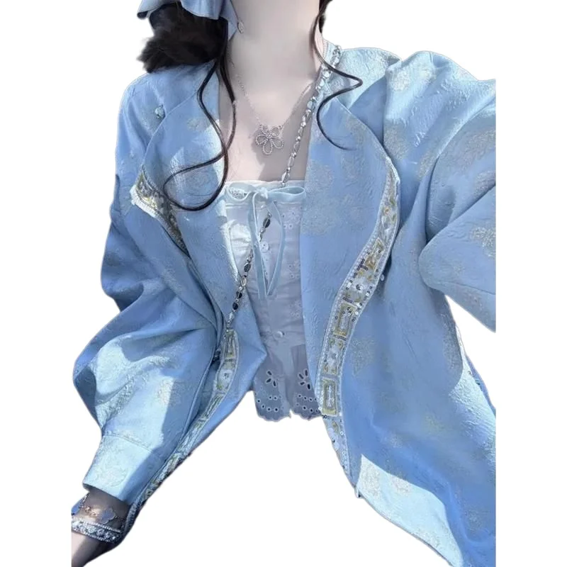 Heavy Industry Guofeng New Chinese 2026 New Early Spring Lapel Jacket for Skinny Women Unique Exquisite Blue High-end Jacquard