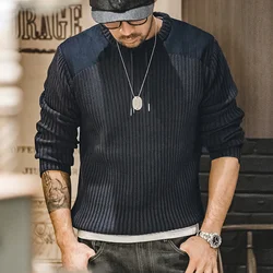 Maden Vintage Vertical Stripes Splicing Jumper Round Neck Slim Tactical Knit Sweater 2023 Men's Autumn Winter Navy Knitwear