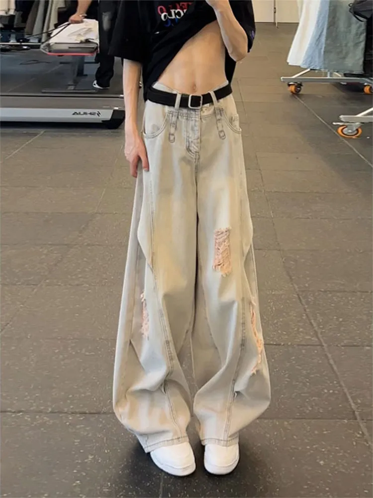 

American High Street Vibe Deconstructed Knife Blue Washed Hole Jeans Men's Straight Loose Wide Leg Pants Casual Wear