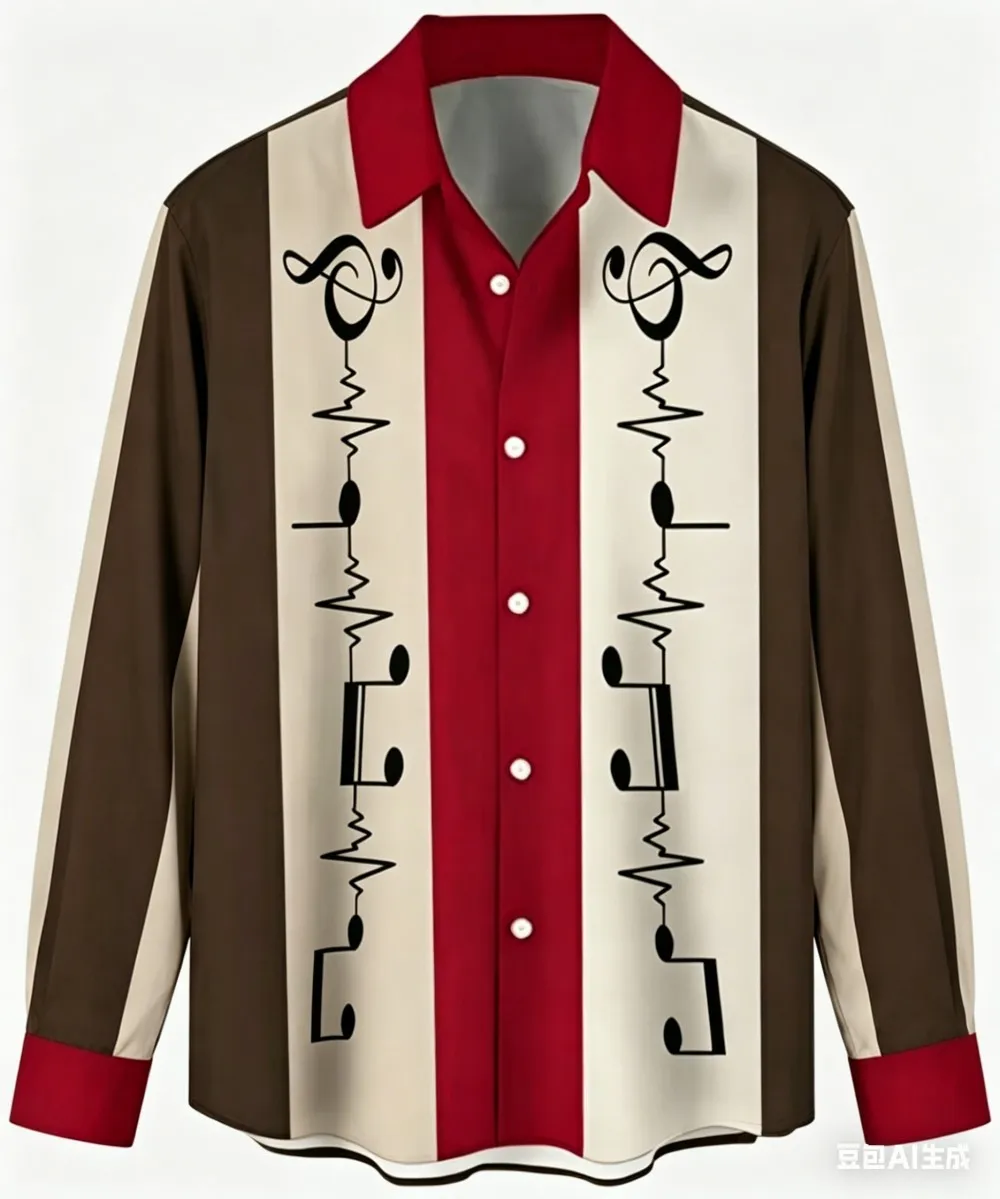 Men's music style patterned shirt, long sleeved shirt, 3D printed, rock and country style