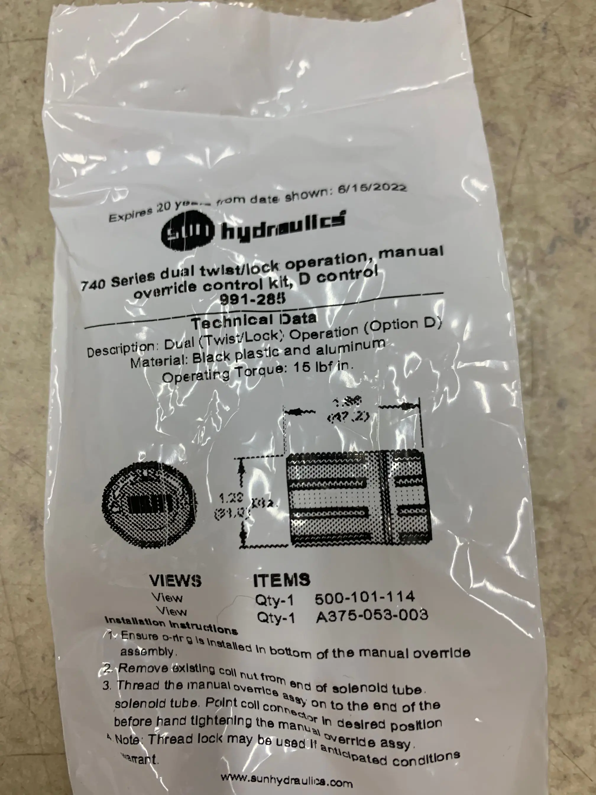 991285 991-285 991 285 ORIGIN SUN HYDRAULICS 740 Series dual twist/lock operation, manual override control kit, D control STOCK