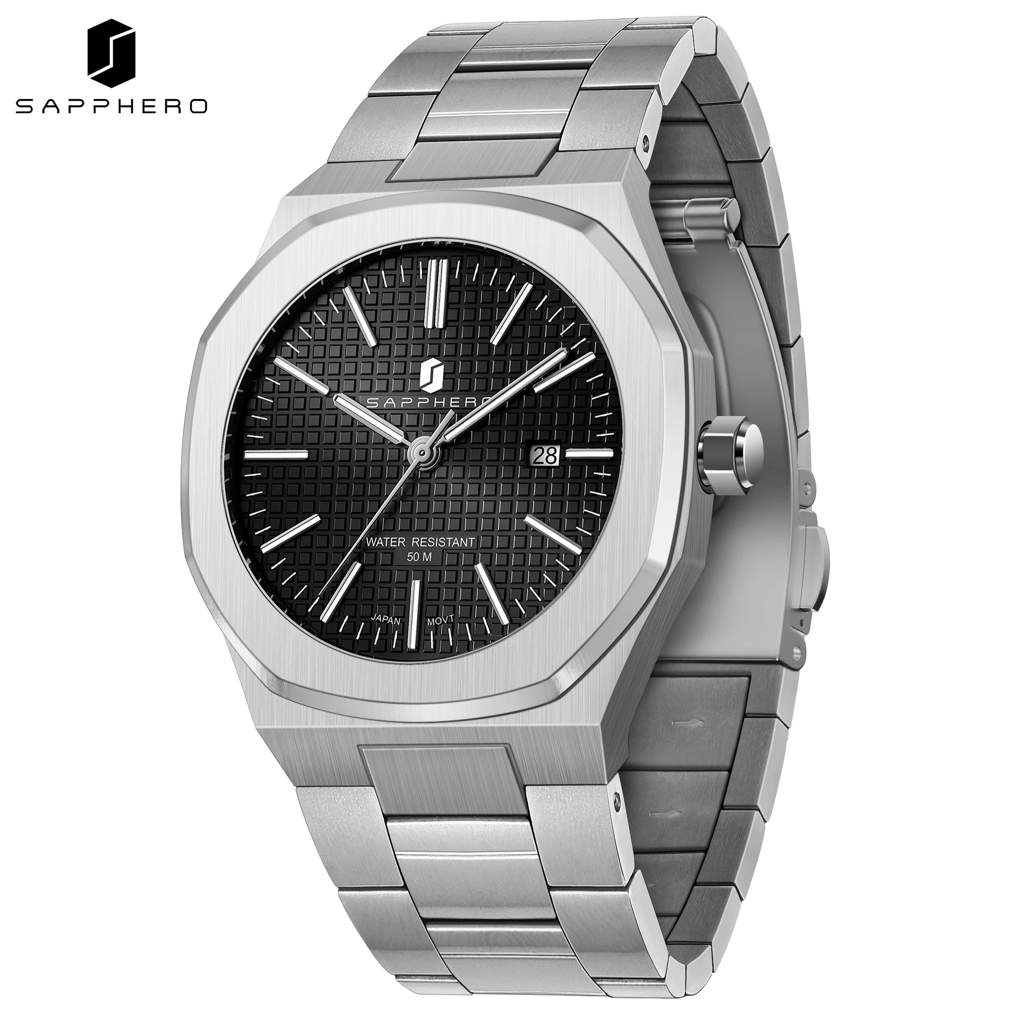 SAPPHERO Herren-Quarzuhr, Edelstahl, 50 m wasserdicht, Datumsanzeige, leuchtende Zeiger, Business-elegante Armbanduhr, langlebiges Geschenk