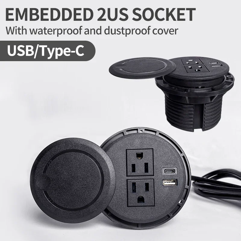 Office desk power socket Multifunctional 2US Socket with USB Type-C  Recessed Desktop Plug Round Socket