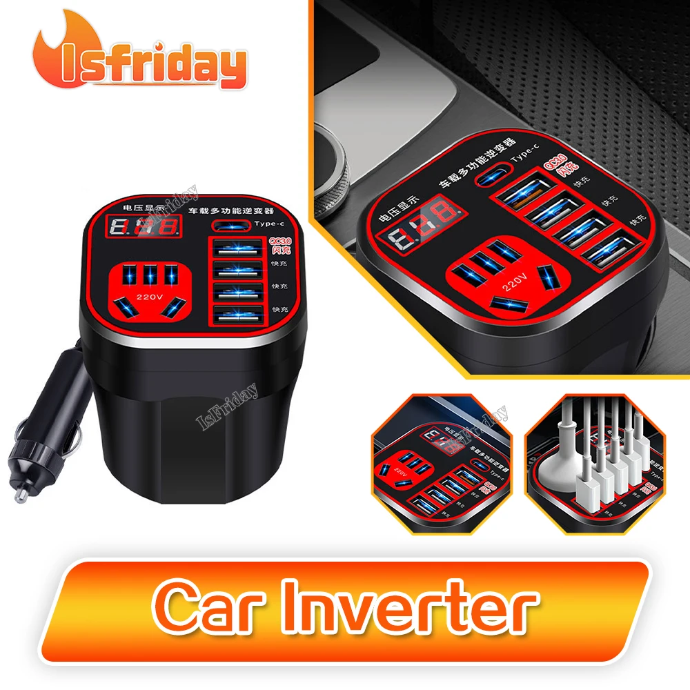 Car Power Inverter 24V 12v 220v 120W Led Display 3 Car Mounted Cup Type Inverter Converter QC Charger Pocket Inverter