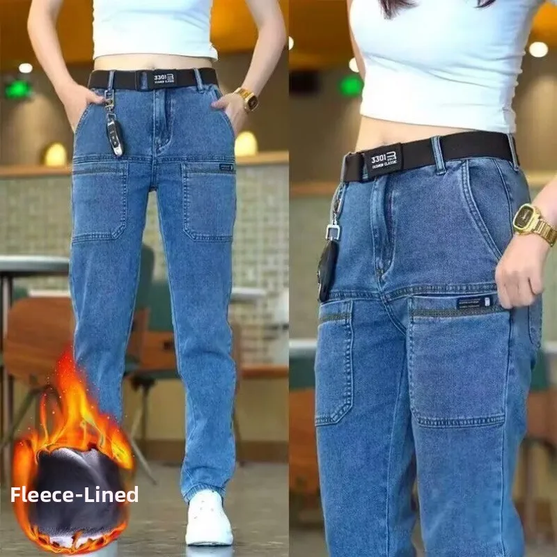 ملابس العمل الرجالية مبطنة بالصوف فضفاضة مستقيمة الساق جينز غير رسمي متعدد الجيوب بخصر مطاطي للخريف والشتاء على طراز المدينة