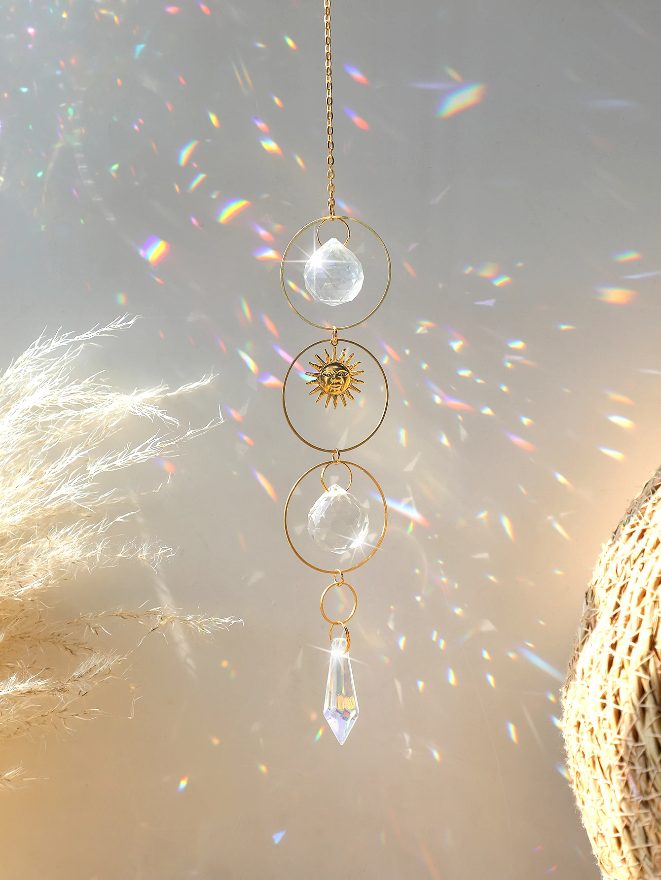 Golden Sun Crystal Suncatcher Hanging Star Prism Glass Crystals Suncatcher Garden Rainbow Maker Light Catcher Outdoor Decor Gift