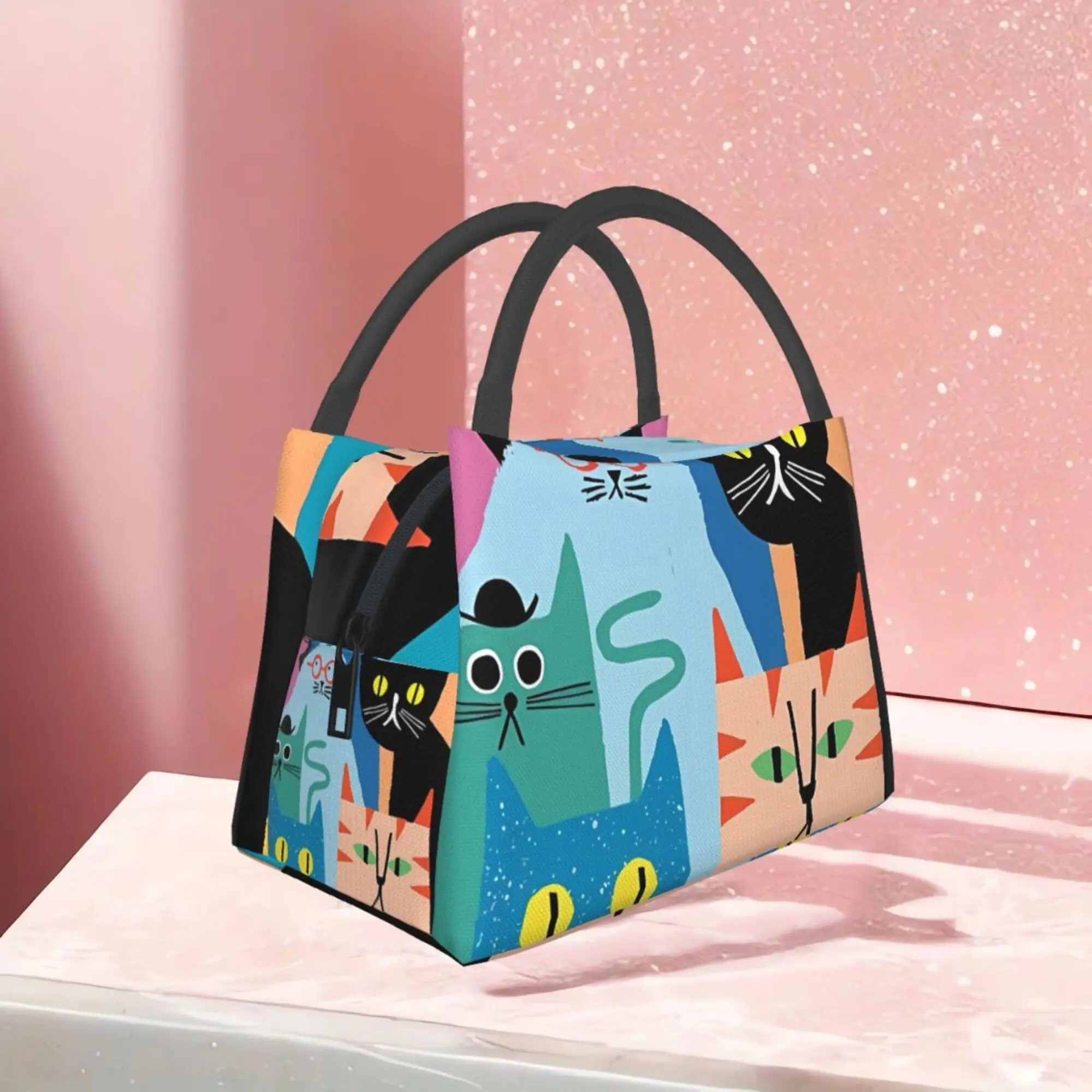 Christmas Happy Cartoon Kitten Pattern, Portable Reusable Cooler Bag, Insulated Lunch Bag for Camping Picnic Beach Essentials