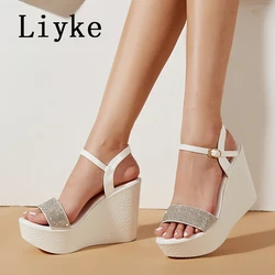 Liyke High Quality Soft Cozy Wedge Sandal Women Fashion Crystal Rhinestones Narrow Band Open Toe Platform Heels Party Dress Shoe